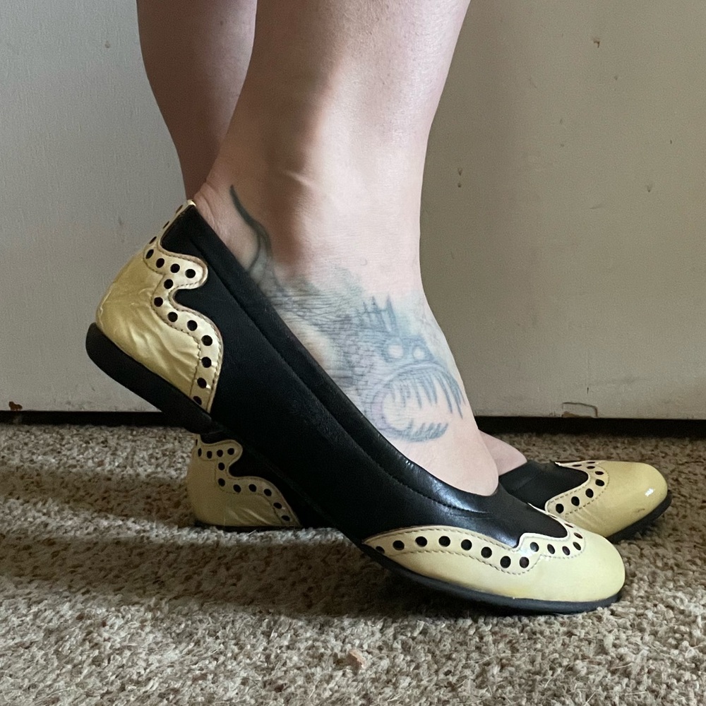 John Fluevog Arabella Brogue leather / patent flats